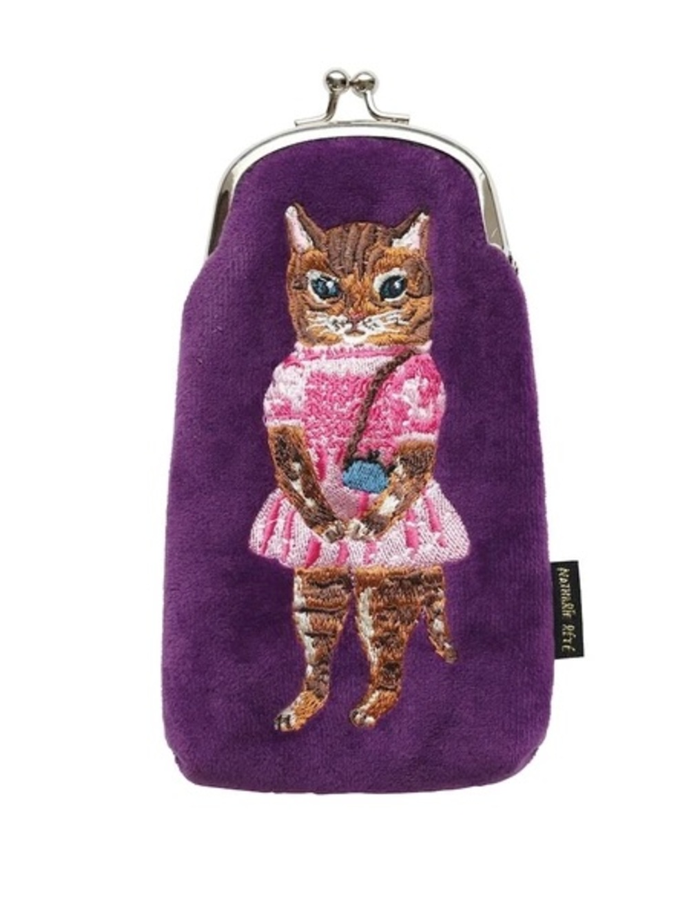 Nathalie Lete embroidered Case! Velvet Glasses General Pouch! Purple w/ Cat!